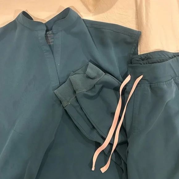 Dark Teal Figs Scrub Set with Pink Strings - Picture 2 of 2